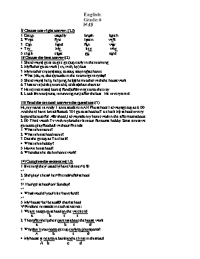 Đề thi học kỳ I môn Tiếng Anh Lớp 6 năm 2015